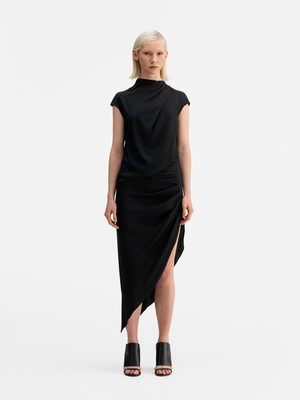 Model wearing Ahlvar Gallery Lima silk top black