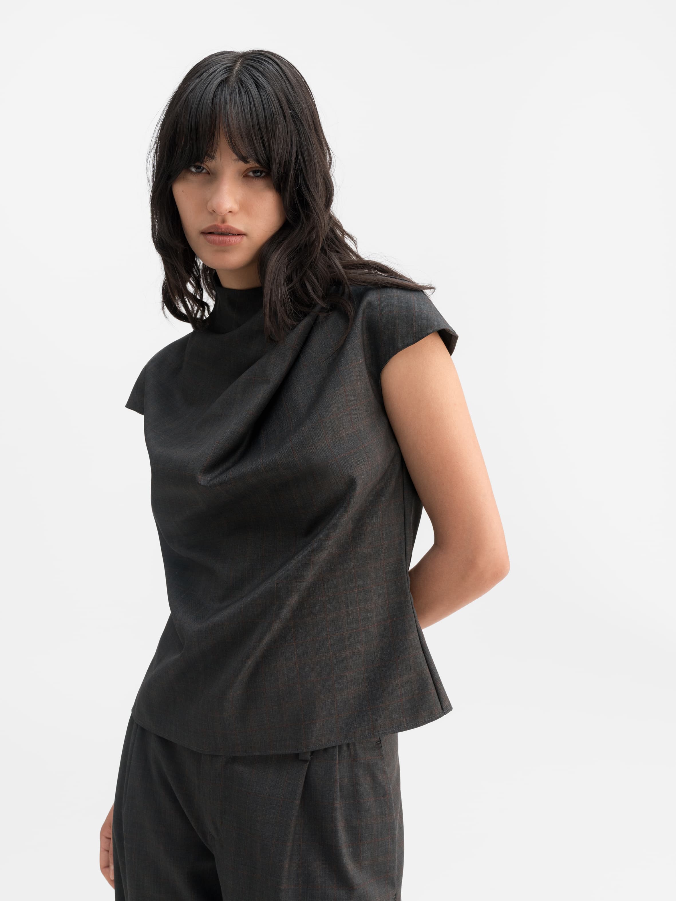 Lima check wool top dark grey