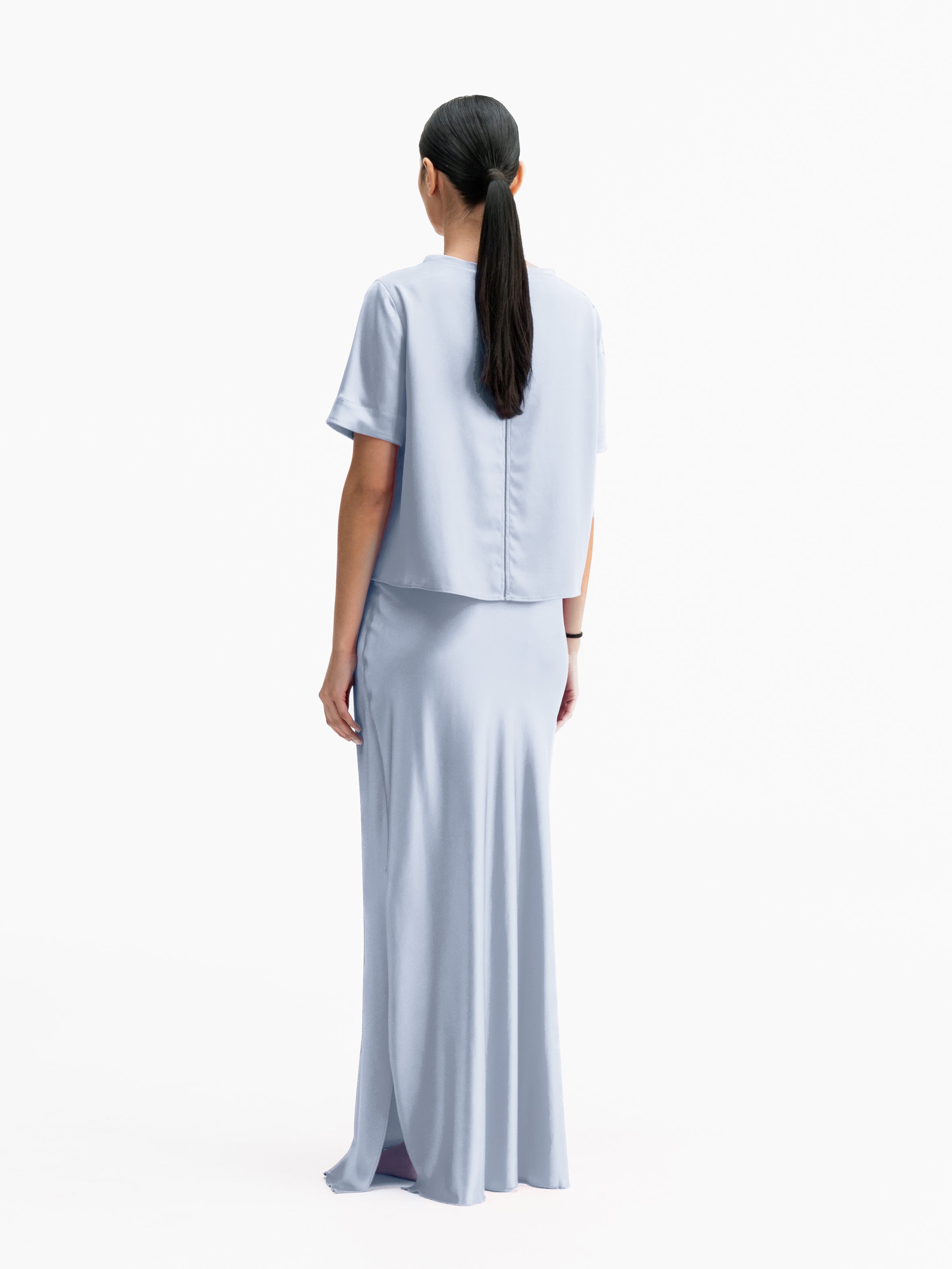 Back view of Ahlvar Gallery Lola satin tee denim blue