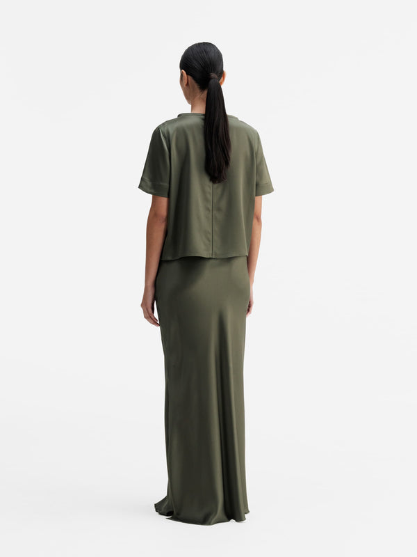 Back view of Ahlvar Gallery Lola satin tee olive green