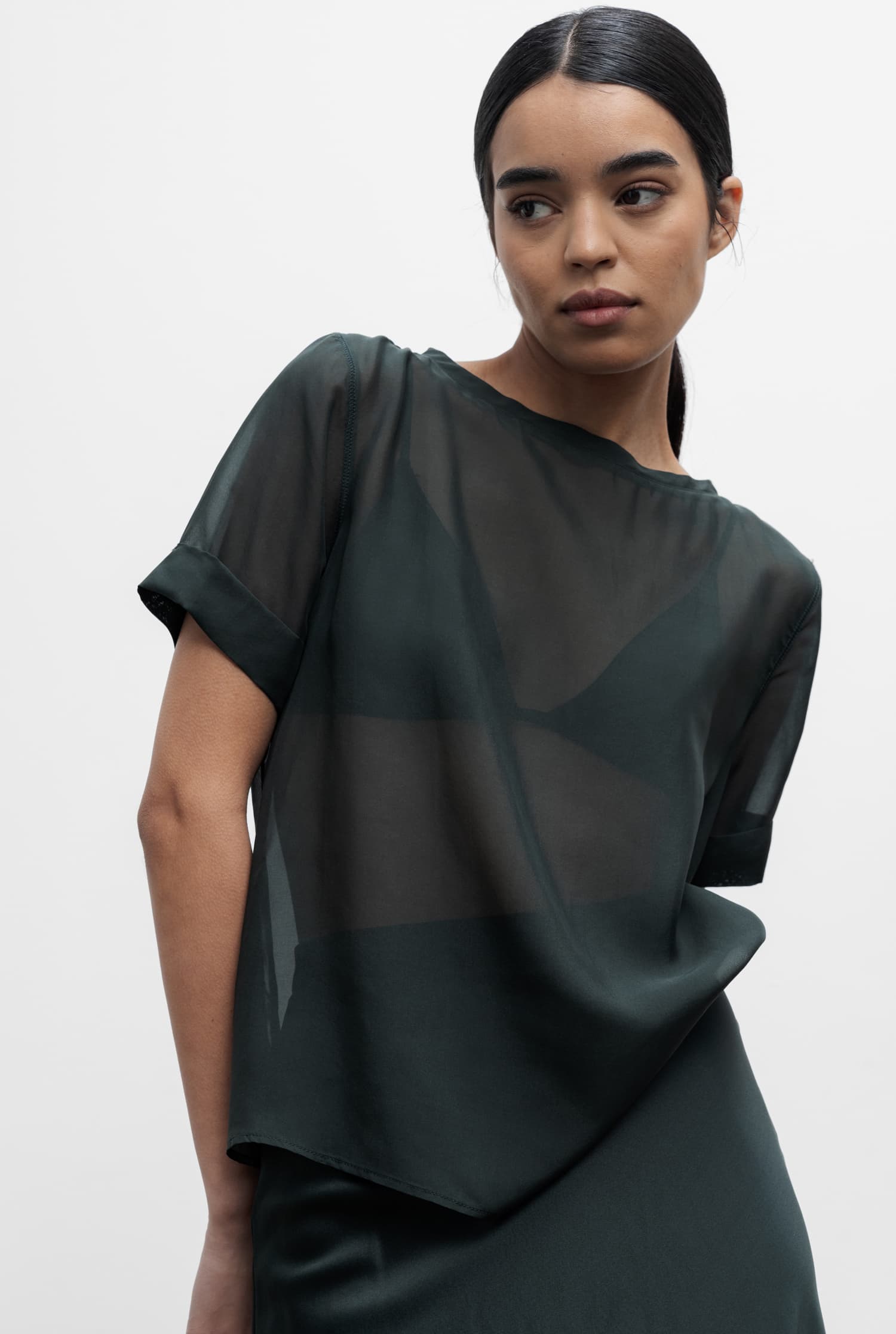 Lola see-through silk tee deep forest