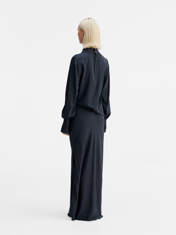 Back view of Ahlvar Gallery Luna silk blouse blue grey