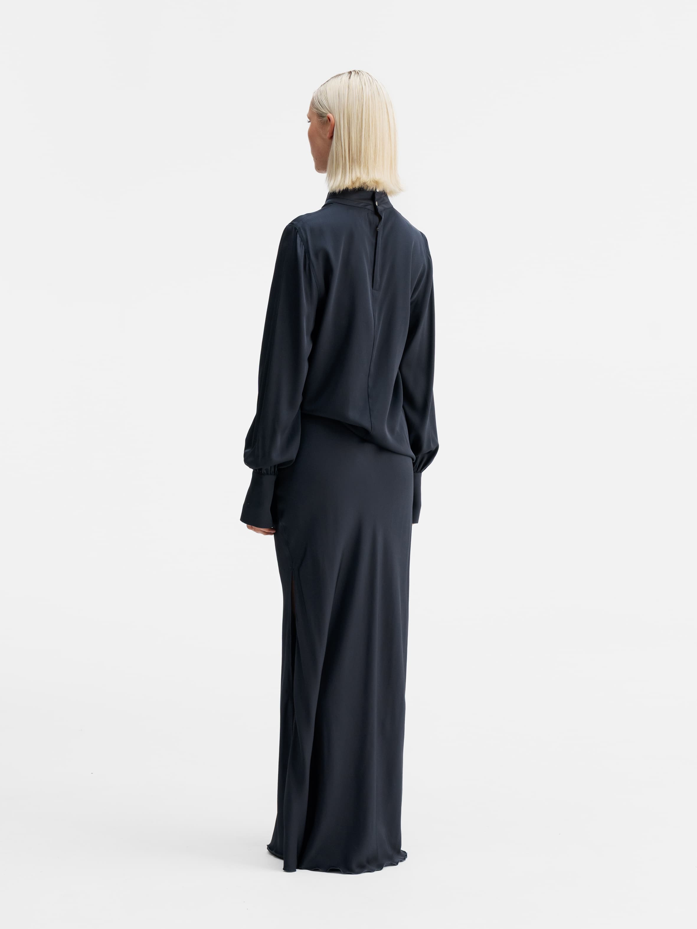 Back view of Ahlvar Gallery Luna silk blouse blue grey