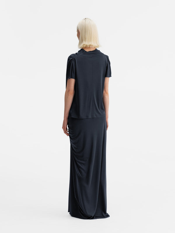 Back view of Ahlvar Gallery Maya jersey skirt blue grey