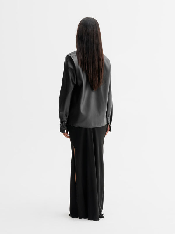 Back view of Ahlvar Gallery Mia PU leather shirt in Black