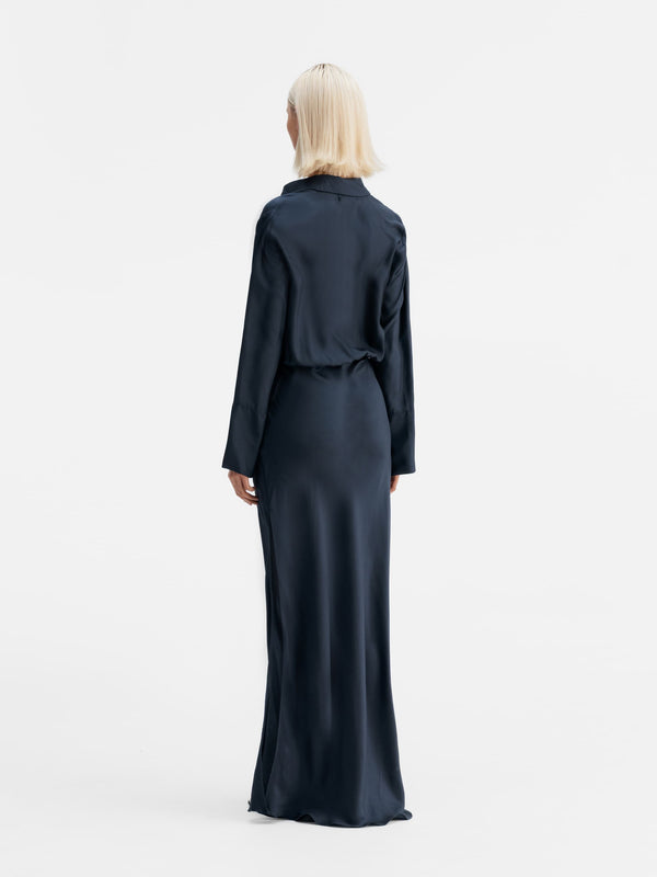 Back view of Ahlvar Gallery Mia silk twill dress blue grey