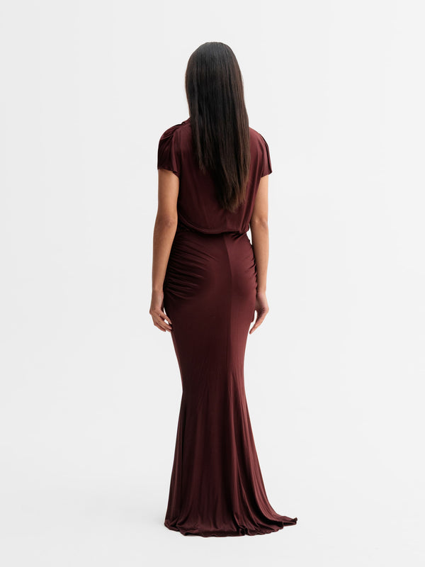 Back view of Ahlvar Gallery Miya jersey dress in Burgundy