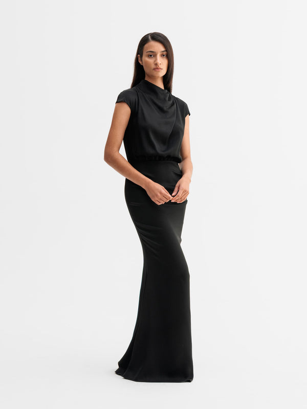 Model wearing Ahlvar Gallery Myra dress in Black