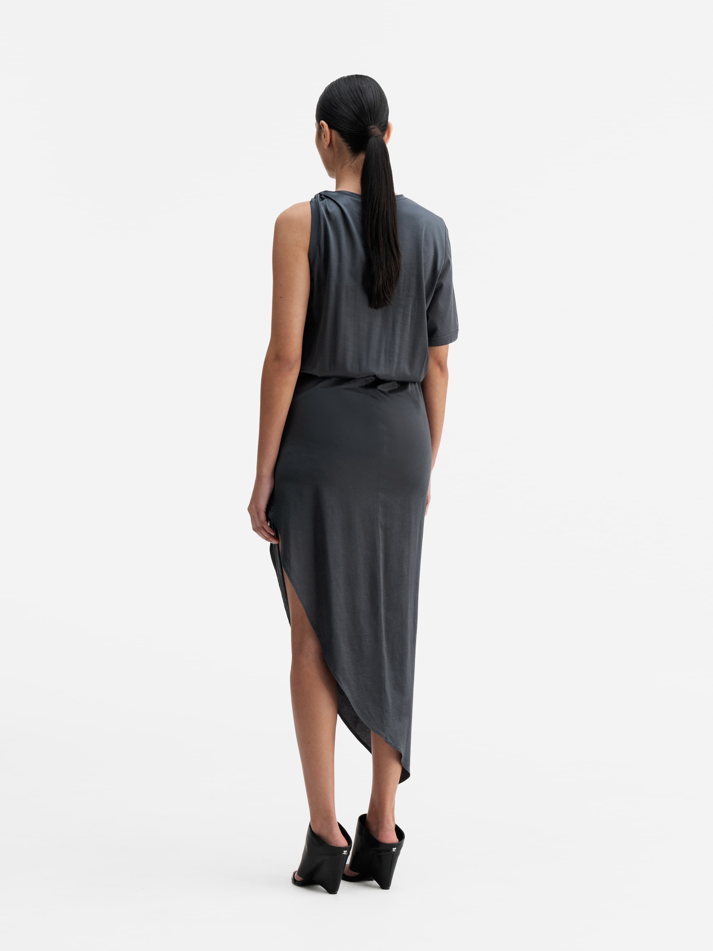 Back view of Ahlvar Gallery Oki twisted dress dark grey