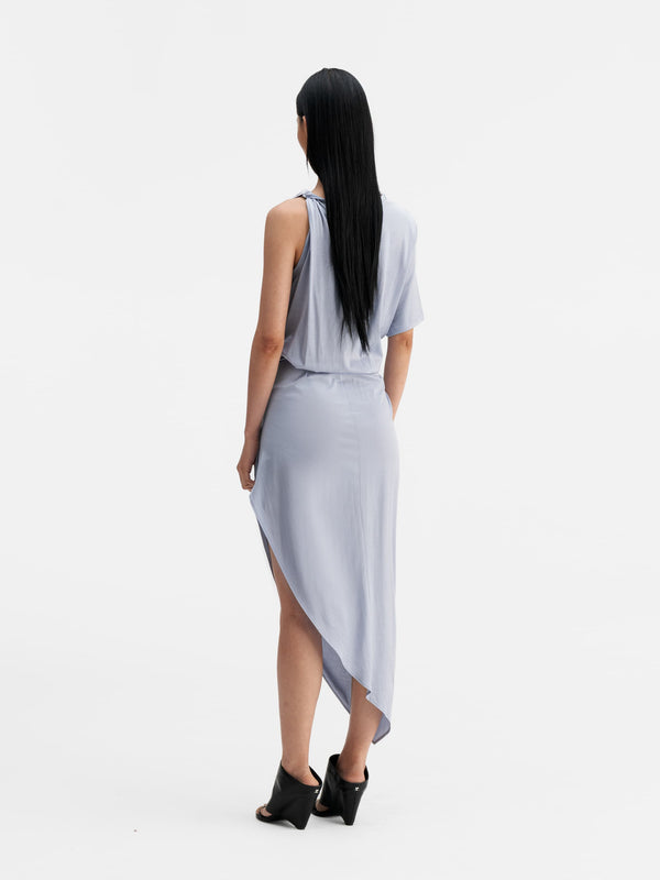 Back view of Ahlvar Gallery Oki twisted dress denim blue
