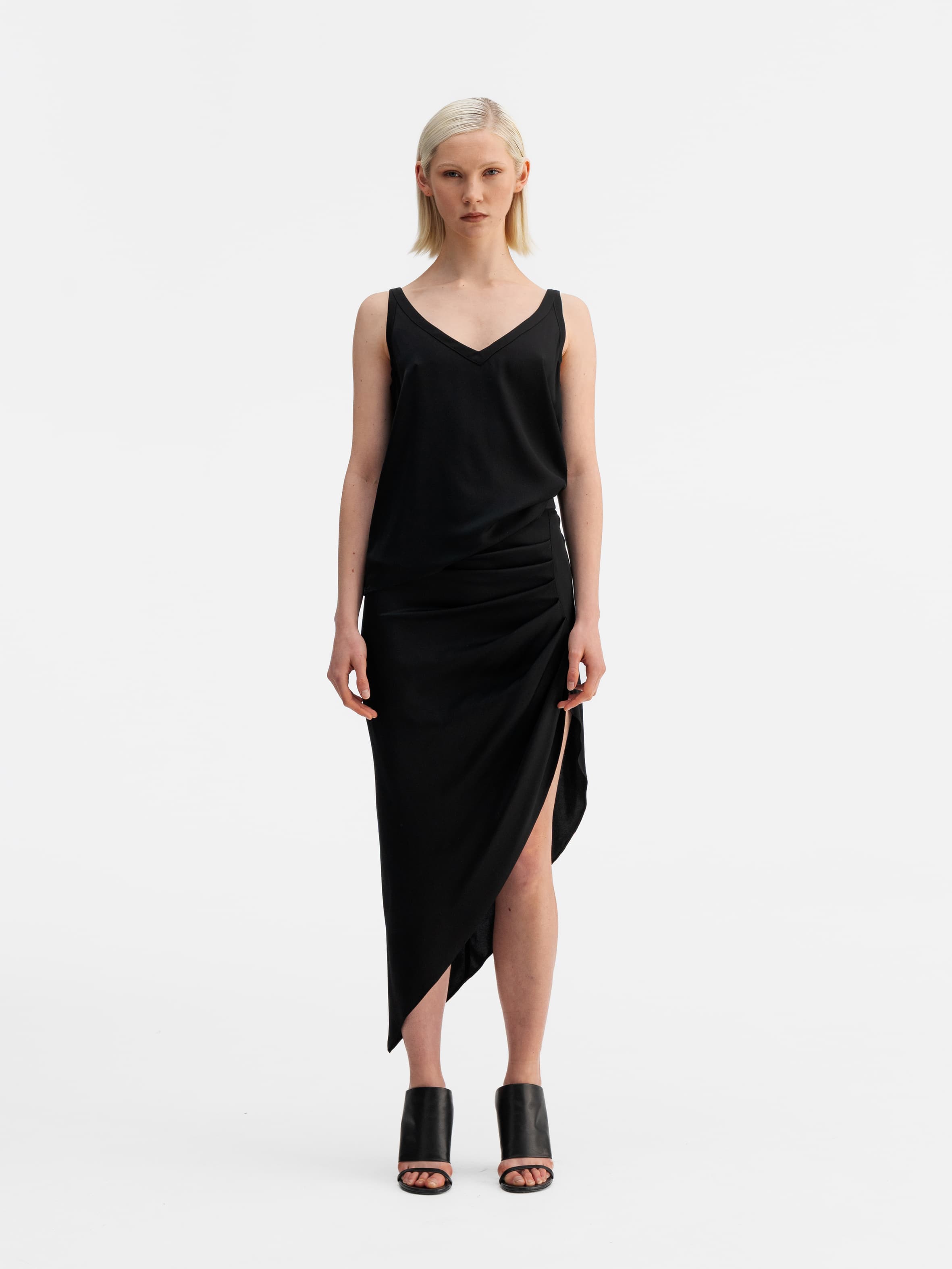 Model wearing Ahlvar Gallery Shin silk tank black