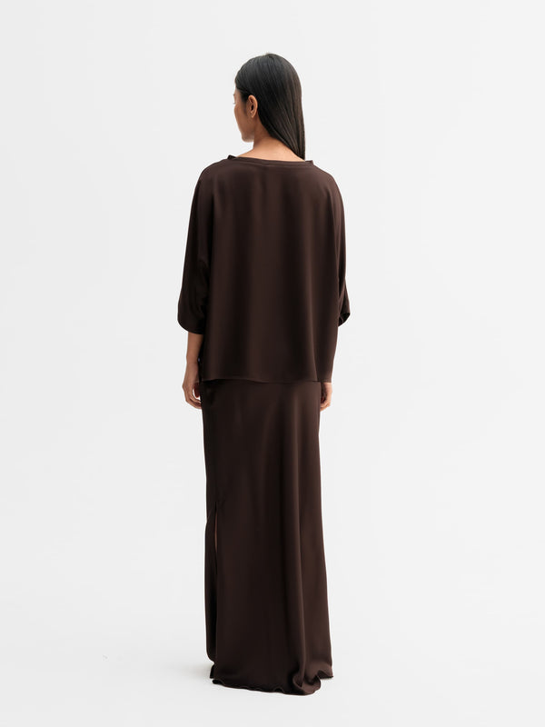 Back view of Ahlvar Gallery Tori satin tee in Dark brown