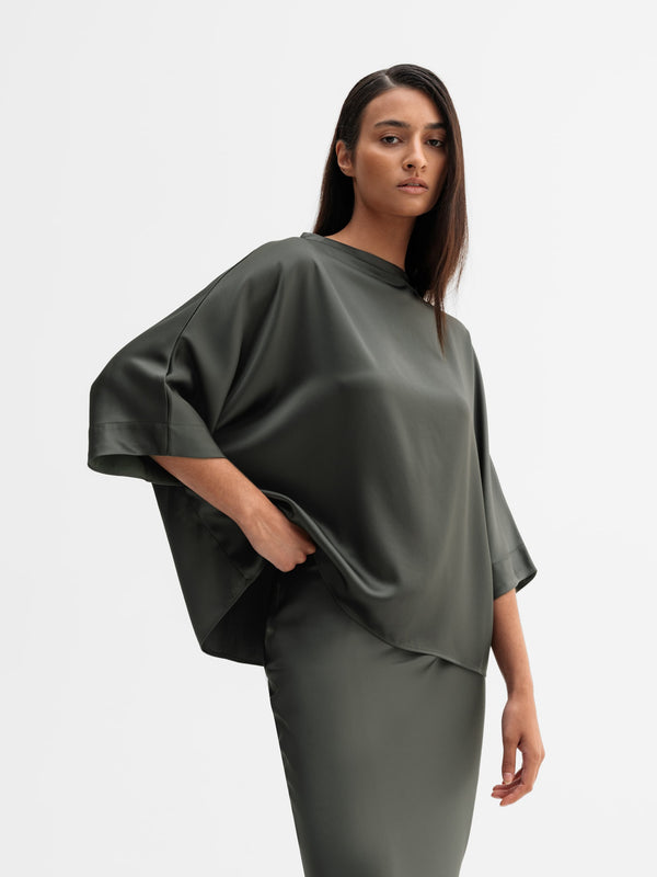 Model wearing Ahlvar Gallery Tori satin tee in Wood