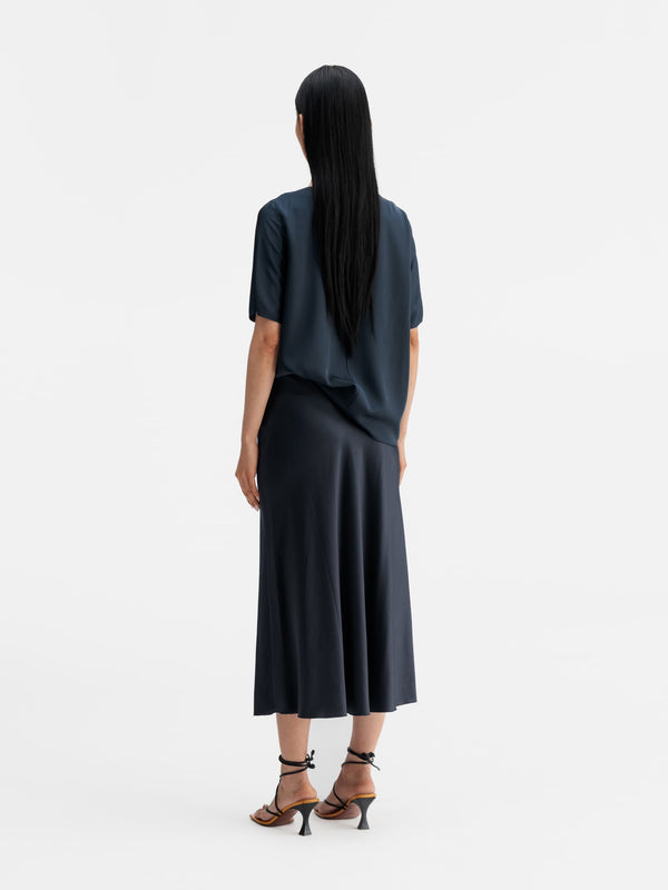 Back view of Ahlvar Gallery Yoli silk blouse blue grey