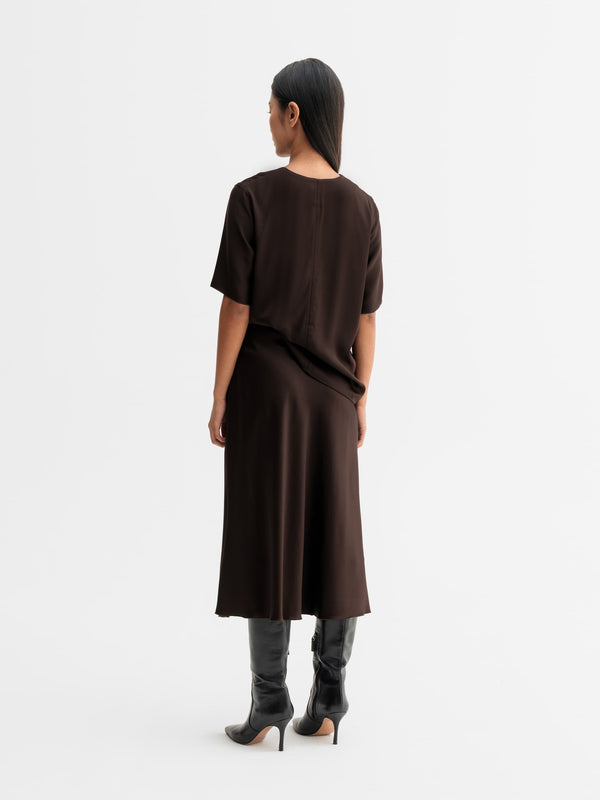 Back view of Ahlvar Gallery Yoli v-neck silk blouse in Dark brown