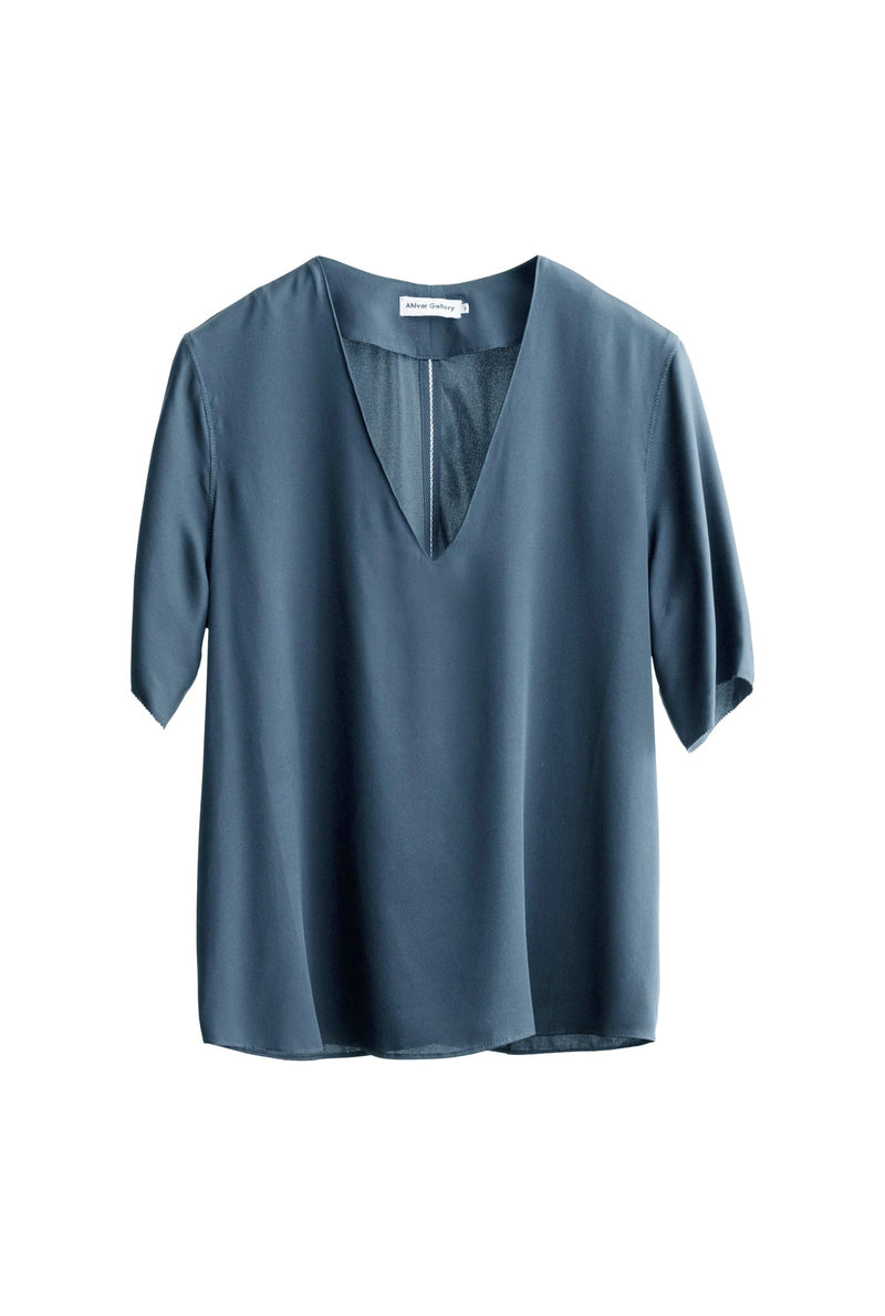 Yoli silk v-neck blouse steel blue