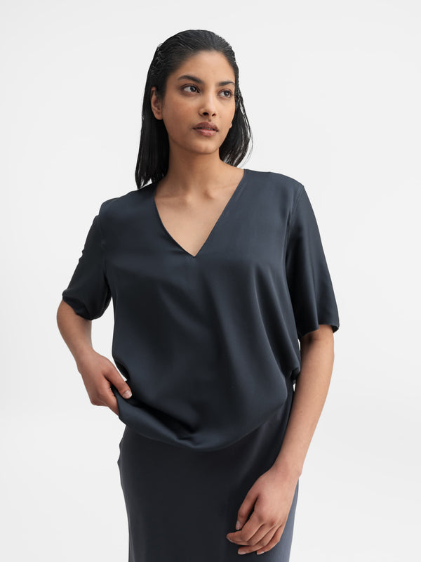 Yoli v-neck silk blouse blue grey