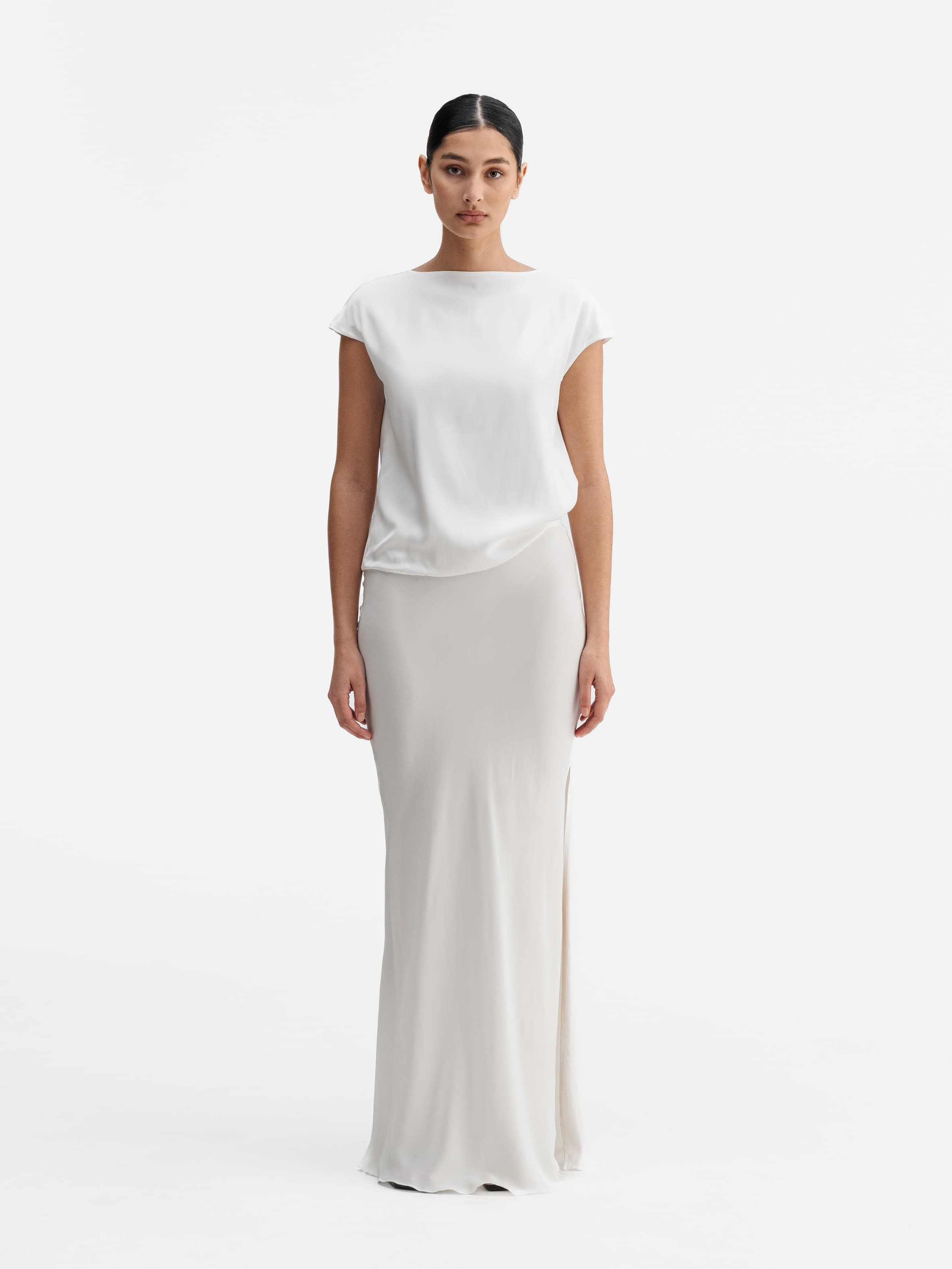 Model wearing Ahlvar Gallery Yui silk top white