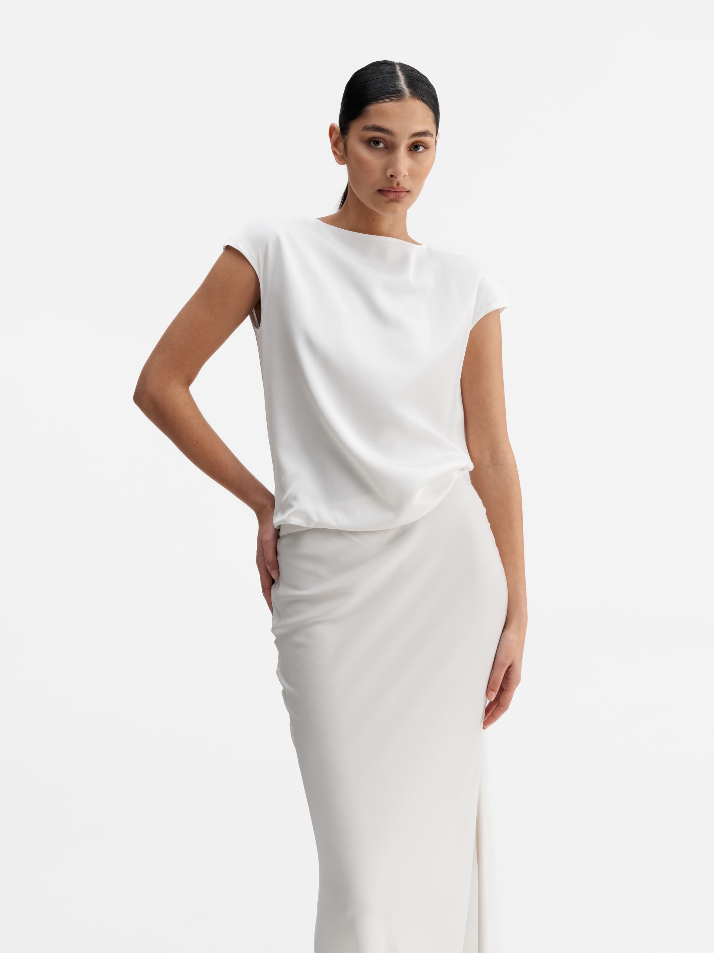 Model wearing Ahlvar Gallery Yui silk top white