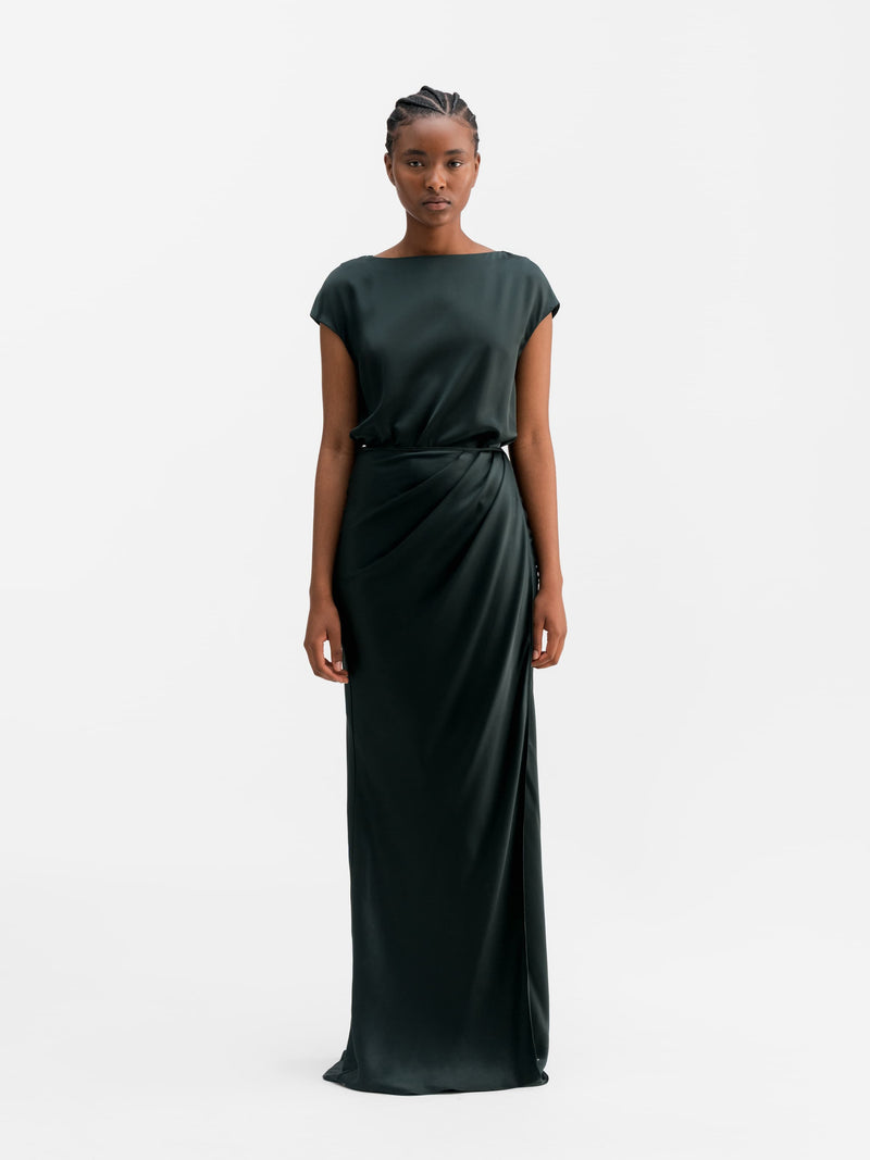 Yui satin wrap dress deep forest