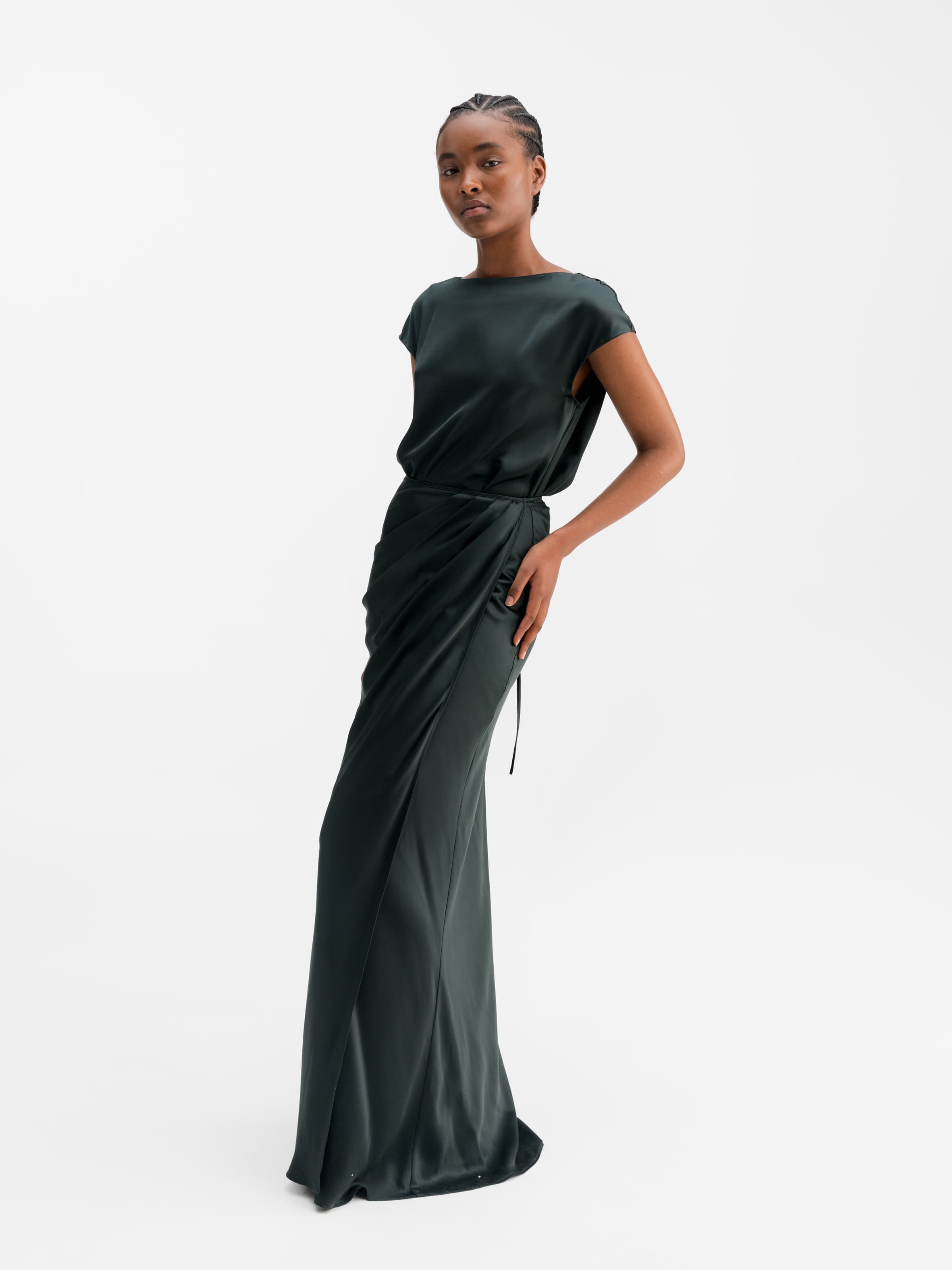 Yui satin wrap dress deep forest