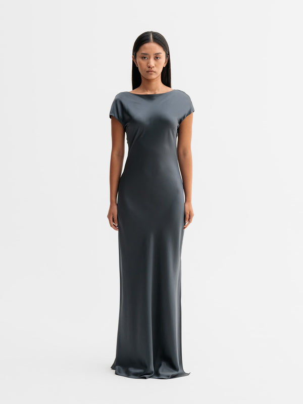 Model wearing Ahlvar Gallery Yuni satin dress in Dark grey