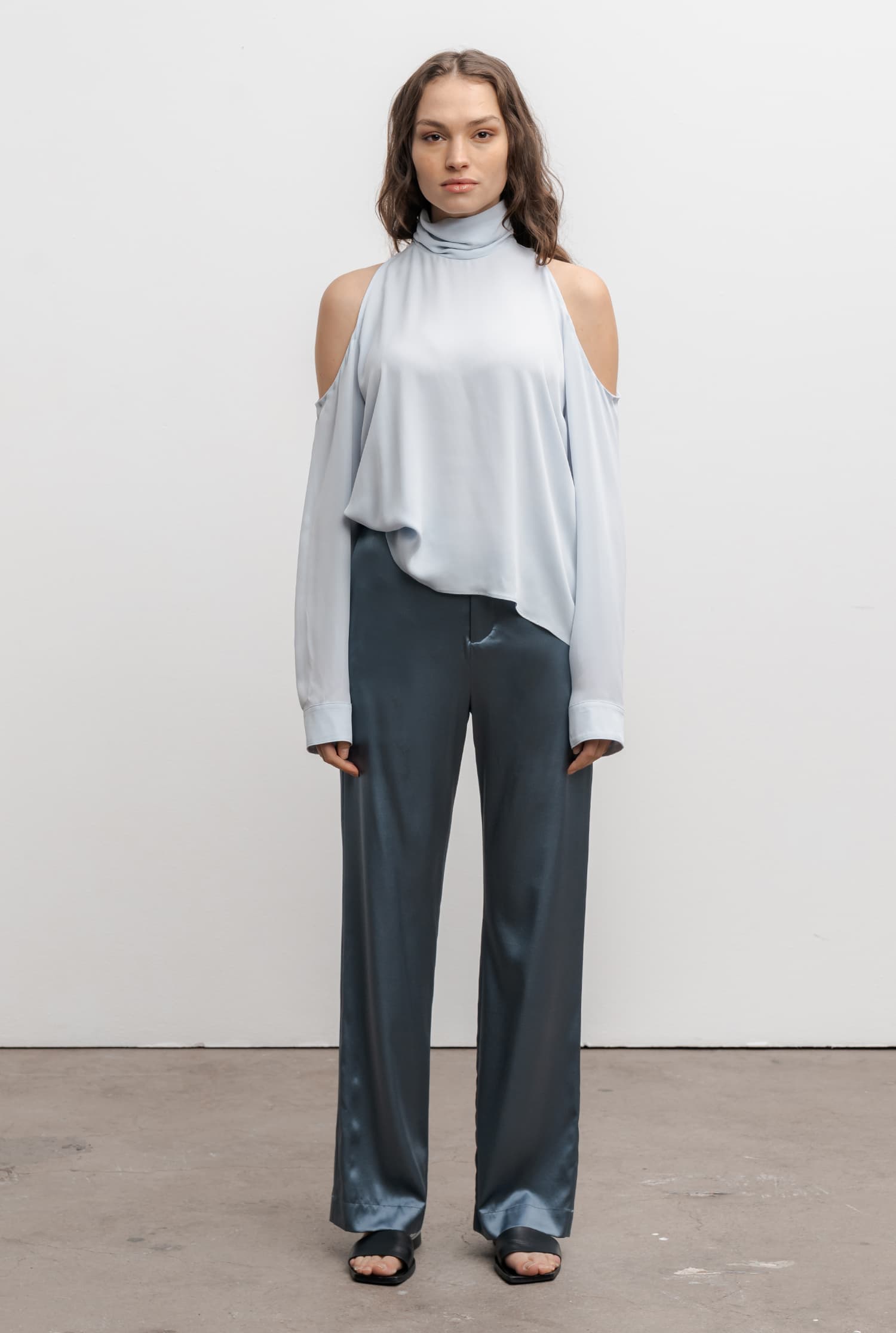 Ava satin silk trousers steel blue