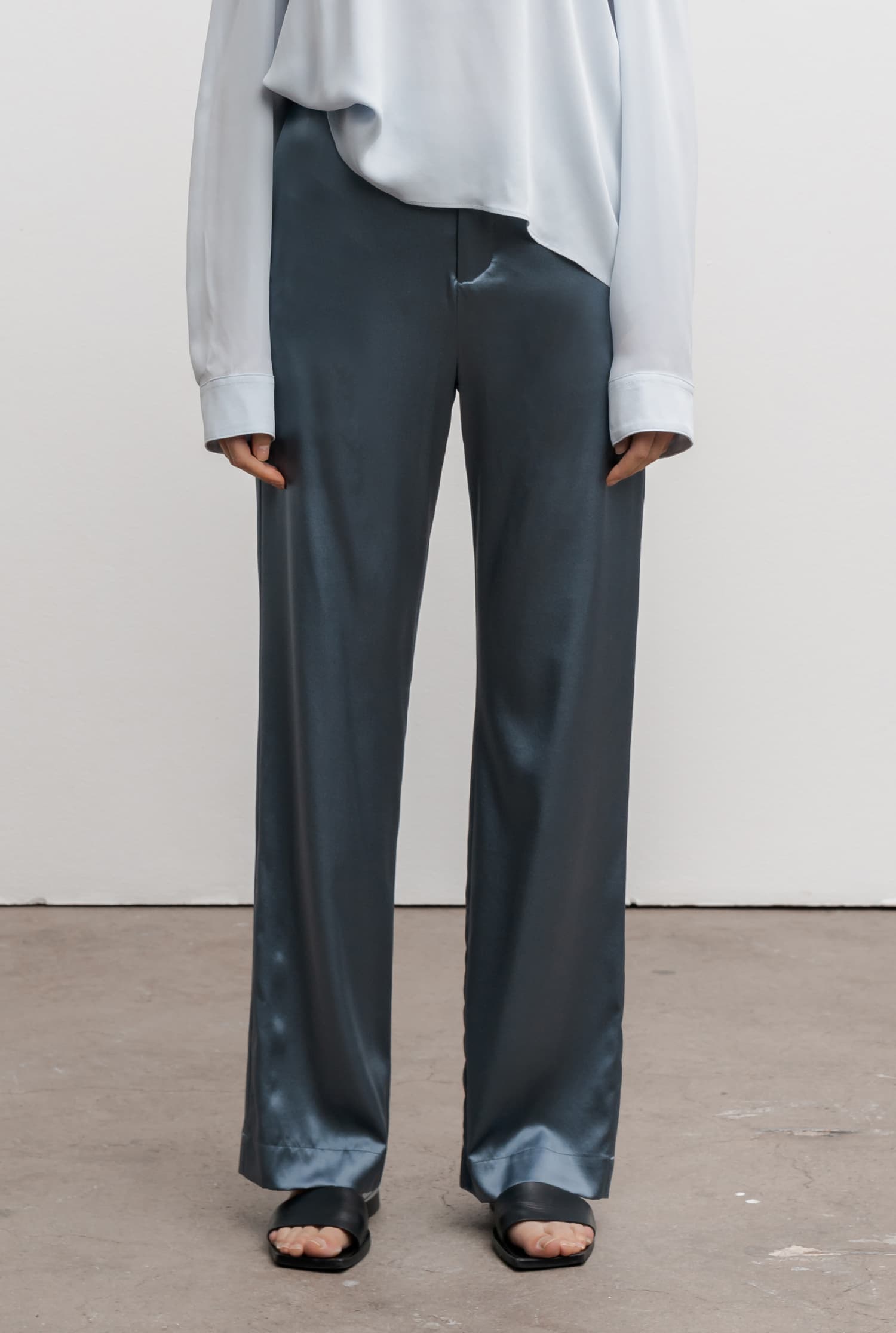 Ava satin silk trousers steel blue