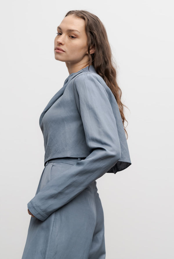 Jade cropped linen blouse steel blue