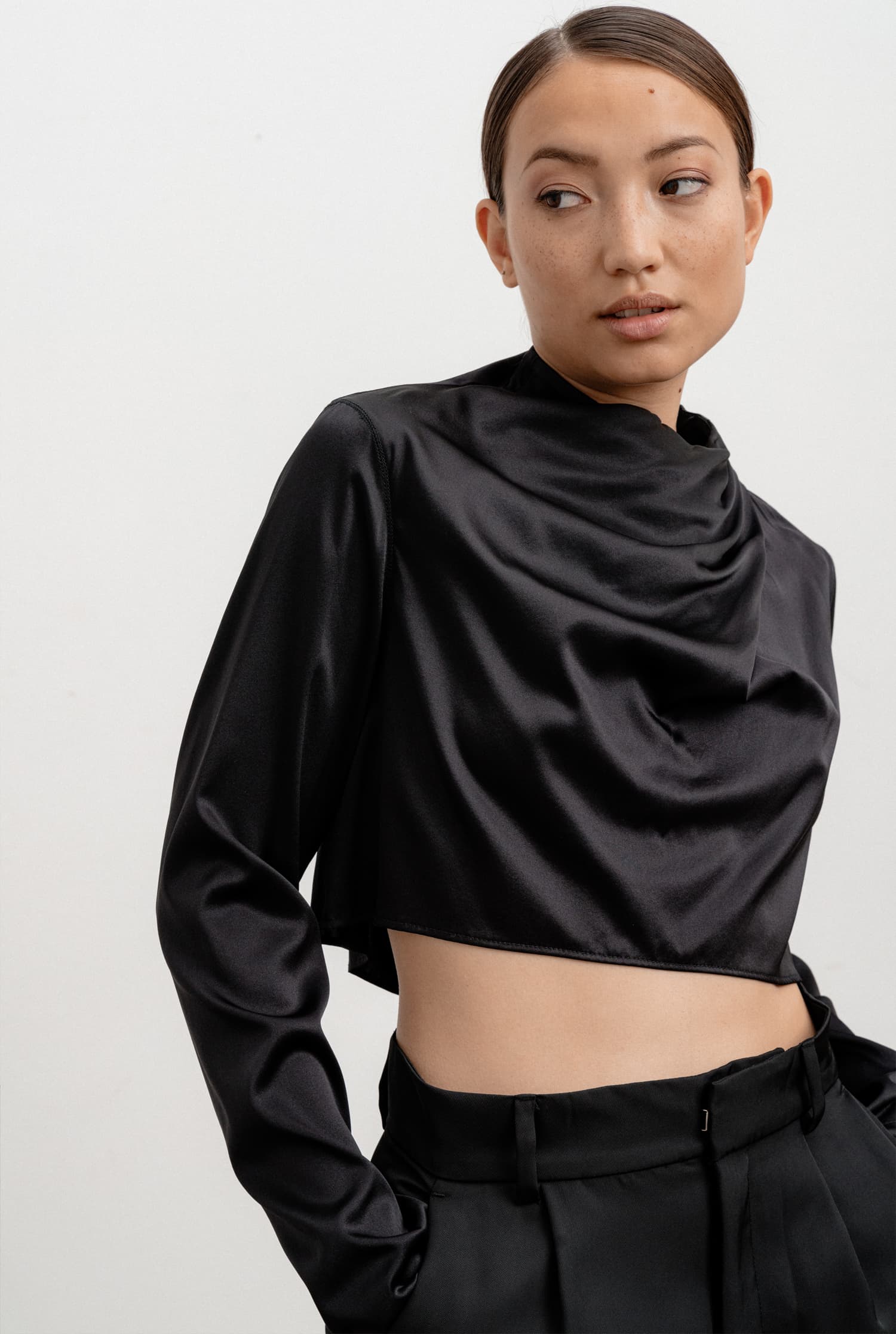 Jade cropped satin silk blouse black